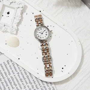 Elegant two-tone stainless steel watch with white roman dial and date window
