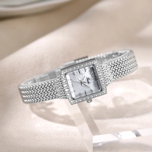 Gedi vintage square quartz watch with mother-of-pearl dial and diamond-set silver mesh strap