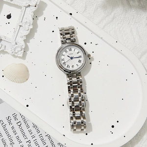 Elegant silver stainless steel ladies quartz watch with white Roman numeral dial and date