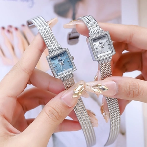 Elegant square mother of pearl watches for women with rhinestone bezels and mesh straps