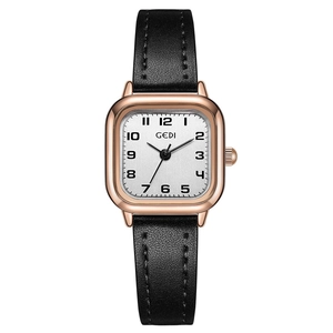 Elegant rectangular women's watch with rose gold case, grey dial and black leather strap