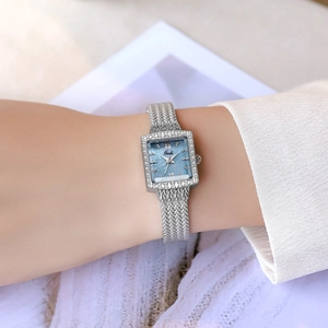 Elegant silver square watch for women with blue mother of pearl dial and rhinestone bezel