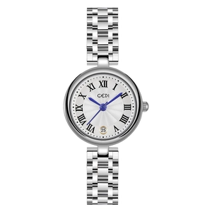 Elegant silver stainless steel ladies watch with white Roman dial and blue hands