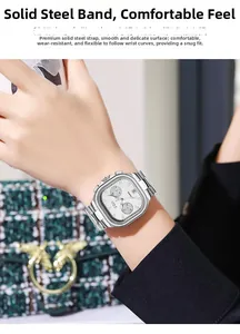Close-up of GEDI square silver watch with stainless steel band on woman wrist