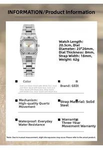 Detailed specs of octagon silver steel watch with Roman numerals and quartz movement