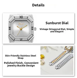 Close-up of octagon solar pattern dial and polished stainless steel jewelry buckle