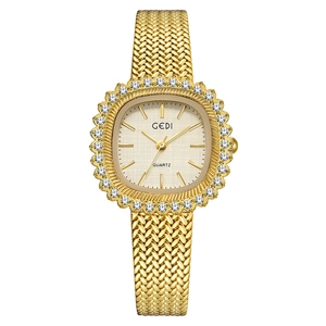 Reloj de cuarzo GEDI vintage dorado para mujer con bisel de strass y correa de malla