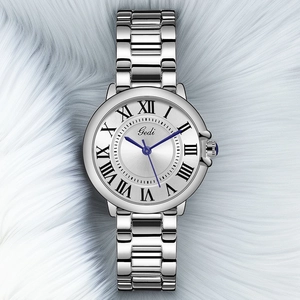Elegant silver Gedi women's watch with blue hands and Roman numeral dial on fur backdrop
