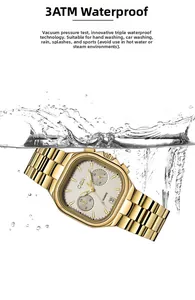 Close-up of golden square watch submerged in water showing 3ATM water resistance