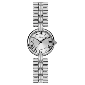 Elegant silver stainless steel ladies watch with Roman numerals and GEDI logo