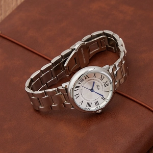 Classic silver stainless steel watch with white dial and blue needles for women