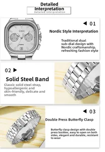 Detail view of silver square quartz watch with steel strap and double butterfly buckle