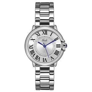 Classic silver luxury watch for women with Roman numerals and elegant blue steel hands