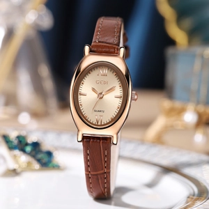 Montre À Quartz Élégante Pour Femme Boîtier Ovale En Alliage Cadran À Chiffres Romains Bracelet En Cuir Véritable Montre Vintage