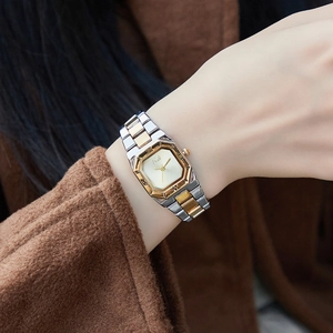 Elegant two-tone steel square quartz watch for women with vintage octagonal design