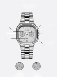 Detail view of GEDI silver stainless steel quartz watch with multi-functional sub-dials