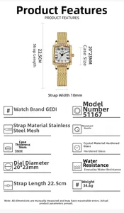 Spécifications de la montre GEDI carrée dorée avec lunette strass et bracelet maille