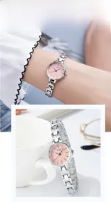 Detailed close-up of GEDI women's watch with small pink dial and silver steel strap