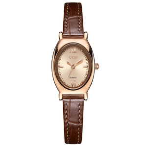 Montre quartz femme élégante dorée rose ovale avec bracelet en cuir brun façon croco