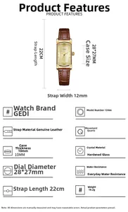 Detailed specifications of the GEDI vintage square watch with leather strap and golden case