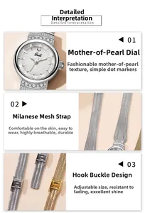 Vue macro du cadran en nacre et du bracelet en maille réglable pour montre femme