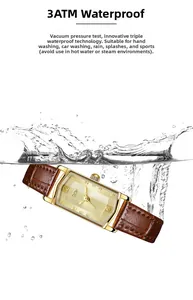 Vintage gold square watch with brown leather strap showing 3ATM water resistance splash