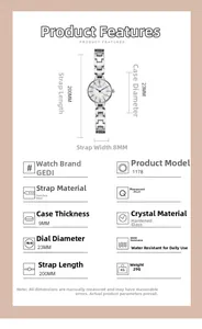 Detailed spec sheet showing 23mm silver steel watch dimensions and quartz movement info