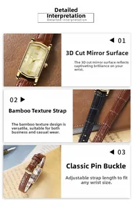Detail of GEDI rectangular watch with faceted glass and bamboo texture leather strap