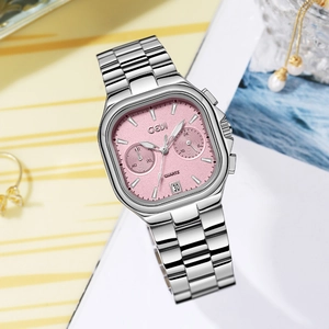 GEDI luxury square women's watch with pink dial and multi-function silver steel band