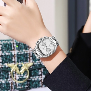 Elegant silver square quartz watch for women with multi-functional dials and steel band