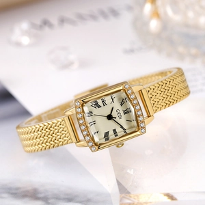 Montre À Quartz Carrée Rétro Pour Femmes Lunette En Strass Alliage Bracelet En Maille Acier Inoxydable Étanche Élégante