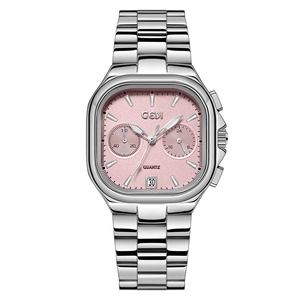 GEDI luxury women's silver stainless steel watch with a square pink dial and date function