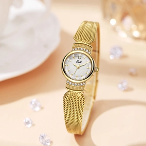 Elegant Gedi gold mesh strap watch for women with sparkling crystal bezel and white dial