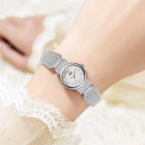 Montre femme élégante en maille argentée avec cadran en nacre et lunette en strass brillant