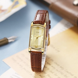 Vintage women's GEDI square watch with gold dial and brown embossed leather strap