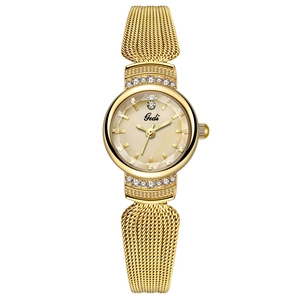 Elegant gold mesh strap watch for women featuring a sparkling crystal-encrusted round dial
