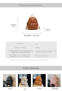 Detailed chart of cute cartoon bear print backpacks showing sizes and PU leather material