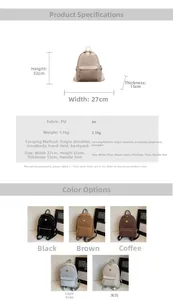 Detailed size and color chart for large PU leather backpack showing 32cm height and 5 colors