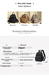 Detailed spec sheet and color options for large capacity minimalist travel backpacks