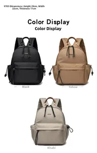 Detailed views of nylon backpack in black, yellow, and khaki with size measurements