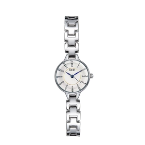Modern women's silver quartz watch with white dial and blue hands on white background