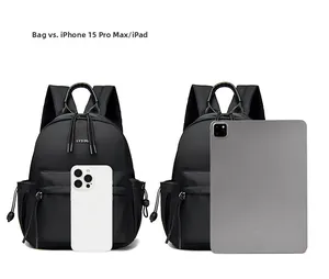 Size comparison of black nylon travel backpack with iPhone 15 Pro Max and iPad