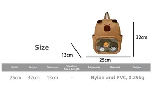 Detailed size chart of the brown capybara backpack with nylon and PVC material specs