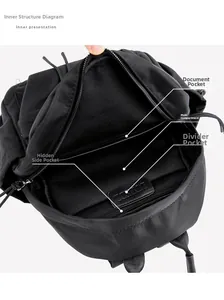 Detailed interior view of a black travel backpack featuring multiple organized compartments