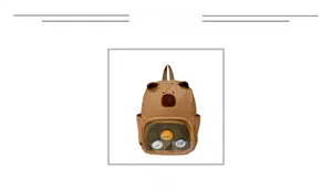 Detail of coffee brown Capybara backpack featuring a transparent PVC front pocket with pins