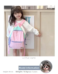 Close-up of stylish contrast color kids backpack with pastel pink, green and purple panels
