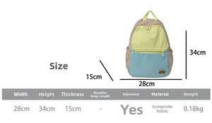 Detailed size guide showing dimensions 28x34x15cm for the colorful casual backpack
