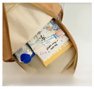 Spacious interior of a cute capybara backpack showing books and a water bottle inside