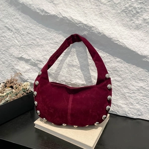 Borsa A Spalla Hobo Chic PU Scamosciato Grandi Borchie Argentate Borsa Sottobraccio Retro Tinta Unita Per Donne
