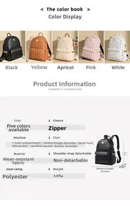 Detailed view of large backpack dimensions and internal structure with five color options